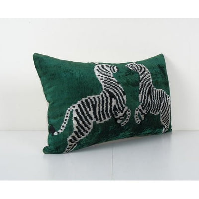 Velvet Ikat Zebra Cushion Cover, Silk Ikat Velvet Pillow Case with Animal Motifs, Designer Pillow  16'' x 24''