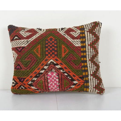 Anatolian Lumbar Jajim Kilim Rug Pillow, Handcrafted Vintage Cicim Handmade Lumbar Cover 12'' x 16''
