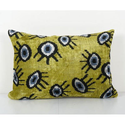 Ikat Eye Yelllow Pillow Pillow Cover - Silk Ethnic Velvet Lumbar Pillow Cover - Ethnic Decorative pillow 16'' x 23''
