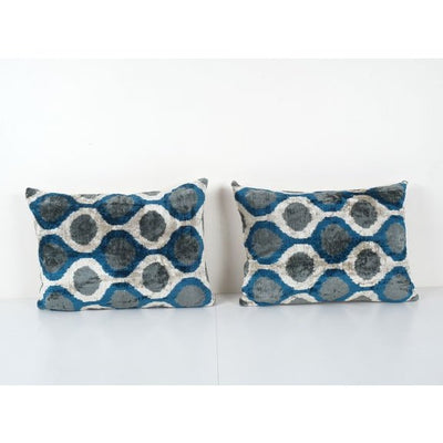 Blue Ikat Velvet Pillow, Set of Two Silk Lumbar Cushion Cover, Pair Boho Pillow 16'' x 22''