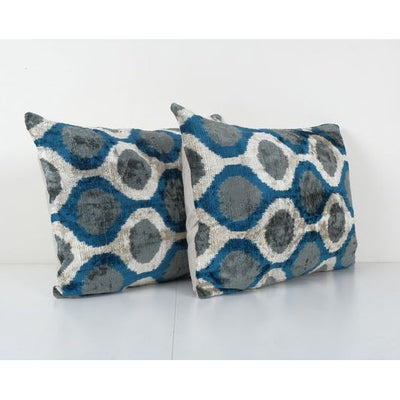 Blue Ikat Velvet Pillow, Set of Two Silk Lumbar Cushion Cover, Pair Boho Pillow 16'' x 22''