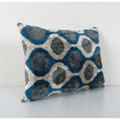 Ikat Blue Pillow Cover - Silk Ethnic Velvet Lumbar Pillow Cover - Ethnic Decorative Couch Pillow - Velvet Ikat pillow 16'' x22