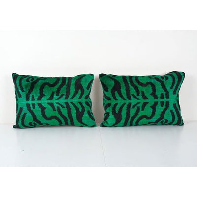 Handmade Luxury Green Tiger Ikat Velvet Pillow - Set of Two Silk Ikat Decorative Lumbar Pillow Cover - Pair Soft Couch Cushion 16'' x 22''