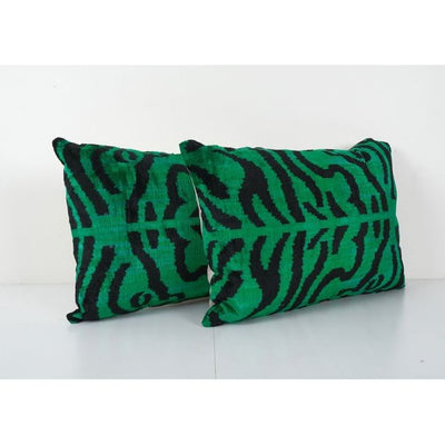 Handmade Luxury Green Tiger Ikat Velvet Pillow - Set of Two Silk Ikat Decorative Lumbar Pillow Cover - Pair Soft Couch Cushion 16'' x 22''