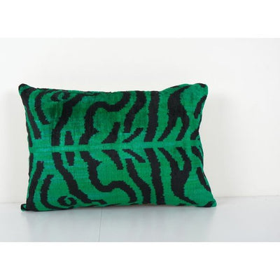 Green Tiger Ikat Velvet Pillow, Handloom Silk Lumbar Cushion Cover, Animal Pattern Velvet Lumbar Pillows, Boho Pillow 16'' x 22''