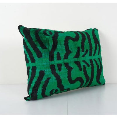 Green Tiger Ikat Velvet Pillow, Handloom Silk Lumbar Cushion Cover, Animal Pattern Velvet Lumbar Pillows, Boho Pillow 16'' x 22''