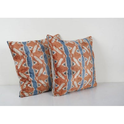 Square Silk Ikat Velvet Pillow Cover - Set Peach Colored Tribal Cushion - Pair Designer Couch Throw Pillow Case 24'' x 24''