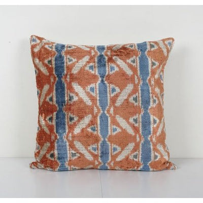 Silk Ikat Velvet Pillow, Peach Colored Handloomed Cushion Cover, Blue Striped Couch Pillows 24'' x 24''