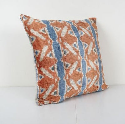 Silk Ikat Velvet Pillow, Peach Colored Handloomed Cushion Cover, Blue Striped Couch Pillows 24'' x 24''