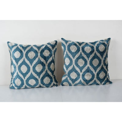 Blue Ikat Velvet Pillow Cover, Set Turkish Polka Dot Cushion Cover, Pair Ethnic Silk Ikat Velvet Pillowcase 23'' x 23''