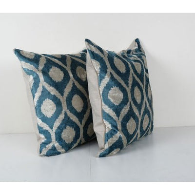 Blue Ikat Velvet Pillow Cover, Set Turkish Polka Dot Cushion Cover, Pair Ethnic Silk Ikat Velvet Pillowcase 23'' x 23''