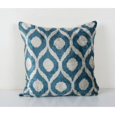 Square Pale Blue Ikat Velvet Pillow, Silk White Polka Dot Velvet Cushion Cover, Boho Pillow 23'' x 23''