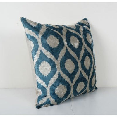 Square Pale Blue Ikat Velvet Pillow, Silk White Polka Dot Velvet Cushion Cover, Boho Pillow 23'' x 23''
