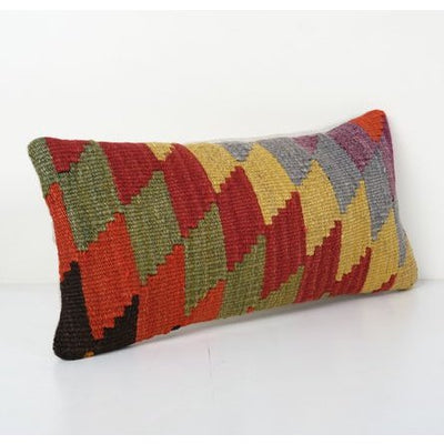 Striped Geometrical Colorful Pillow Cases Made from an Anatolian Vintage Turkish Kilim Rug, Lumbar Wool Lumbar Pillow Cover 10'' x 18''