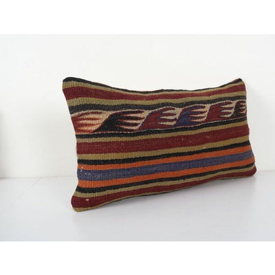 Tribal Wool Handmade Pillow Covers, Striped Turkish Kilim Lumbar Cover, Ethnic Kilim Rug Cushion Cover 12'' x 22''