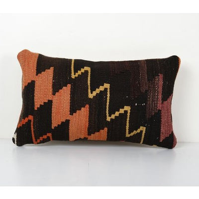 Geometrical Turkish Kilim Lumbar Cushion Cover, Wool Oblong Pillow Case, Designer Decor 12'' x 20''