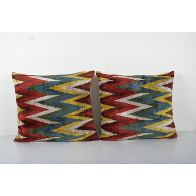 Square Silk Ikat Velvet Pillow Cover - Set Colorful Zig Zag Pillowcase - Uzbek Designer Couch Cushion 26'' x 26''
