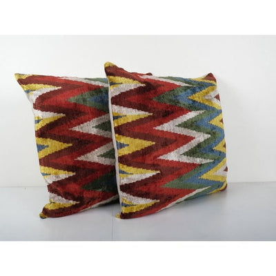 Square Silk Ikat Velvet Pillow Cover - Set Colorful Zig Zag Pillowcase - Uzbek Designer Couch Cushion 26'' x 26''