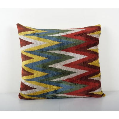 Zig Zag Design Silk Ikat Velvet Pillow, Square Handloomed Cushion Cover, Coloful Velvet Couch Pillow Case 26'' x 26''