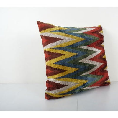 Zig Zag Design Silk Ikat Velvet Pillow, Square Handloomed Cushion Cover, Coloful Velvet Couch Pillow Case 26'' x 26''