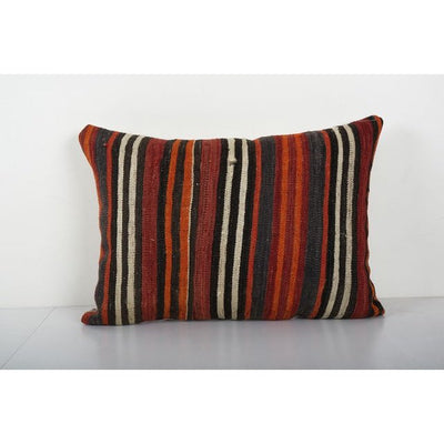 Striped Turkish Kilim Pillow Cover, Bohemian Wool Pillow, Tribal Lumbar Cushion Cover 18'' x 22''