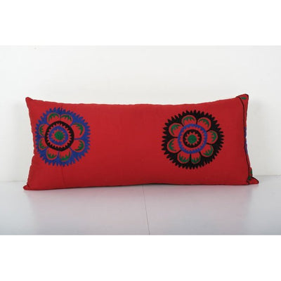 Turkish Red Suzani Hippie Cushion Cover, Samarkand Bedding Pillow Case Made from a 19th Century Suzani 14'' x 32''
