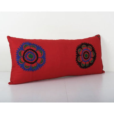 Turkish Red Suzani Hippie Cushion Cover, Samarkand Bedding Pillow Case Made from a 19th Century Suzani 14'' x 32''