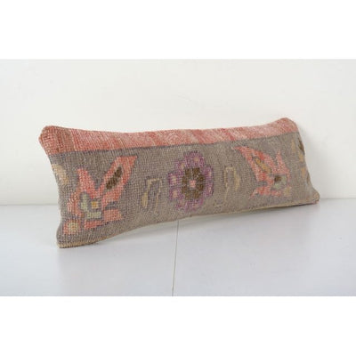 Vintage Dark Coat Turkish Carpet Rug Pillow, Handmade Floral Decorative Designer Cushion 8'' x 24''
