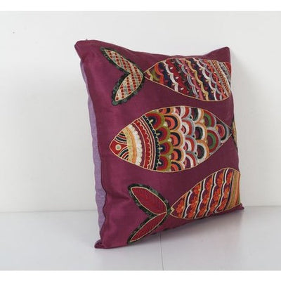 Silk Handmade Fish Suzani Pillowcase, Minimalist Embroidery Suzani Cushion with Animal Motifs 19'' x 19''