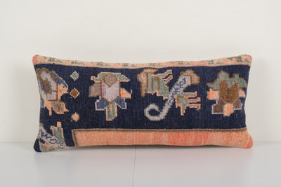 Turkish Wool Pillow Case - Mid-20th Century Anatolian Bed Carpet Cushion - Handcrafted Home Decor - Unique Retro Accent 11'' x 24''
