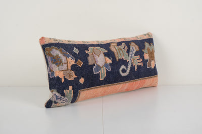Turkish Wool Pillow Case - Mid-20th Century Anatolian Bed Carpet Cushion - Handcrafted Home Decor - Unique Retro Accent 11'' x 24''