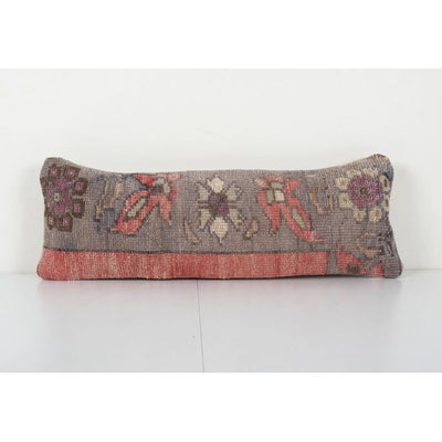 Turkish Floral Carpet Lumbar Rug Pillow, Anatolian Green Handmade Wool Cushion, Bohemian Decorative Oblong Throw Cushion 8'' x 22''