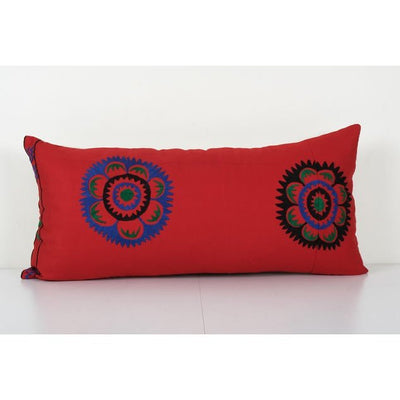 Uzbek Red Suzani Bedding Cushion Cover, Suzani Long Hippie Bed Pillow Case Made from a 19th Century Suzani 14'' x 30''