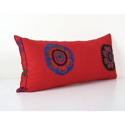 Uzbek Red Suzani Bedding Cushion Cover, Suzani Long Hippie Bed Pillow Case Made from a 19th Century Suzani 14'' x 30''