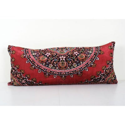 Turkish Velvet Pillow Cover - Floral Red Vintage Velvet Lumbar Pillow Case - Ethnic Boho Chic Cushion Cover 18'' x 38''