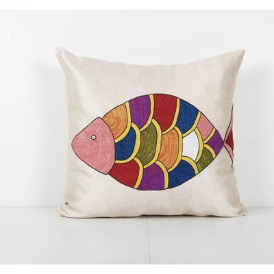 Suzani Silk Animal Pillow Cover, Handmade Embroideredx Fish Cushion Cover 19'' x 19''