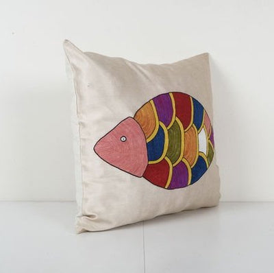 Suzani Silk Animal Pillow Cover, Handmade Embroideredx Fish Cushion Cover 19'' x 19''