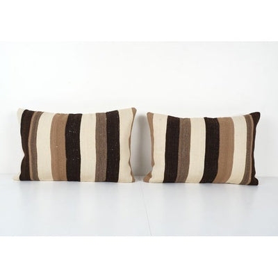 Vintage Matching Striped Organic Hemp Kilim Pillow, Handwoven Set Kilim Lumbar Cushion, Oblong Throw Pillow 15'' x 22''