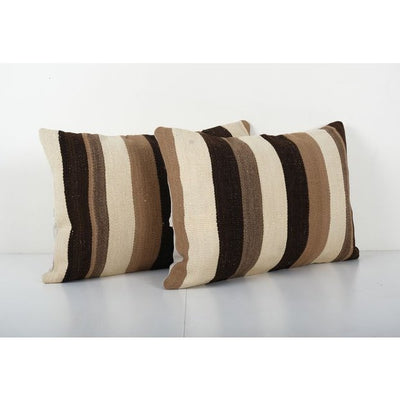 Vintage Matching Striped Organic Hemp Kilim Pillow, Handwoven Set Kilim Lumbar Cushion, Oblong Throw Pillow 15'' x 22''