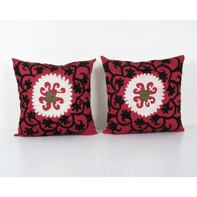 Suzani Red Bohemian Cushion Cover, Set of Two Embroidery Tribal House Decor - Vintage Uzbek Pillow 19'' x 19''