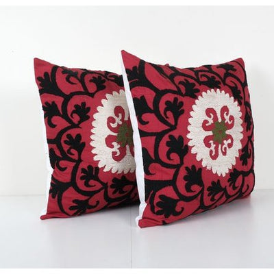 Suzani Red Bohemian Cushion Cover, Set of Two Embroidery Tribal House Decor - Vintage Uzbek Pillow 19'' x 19''