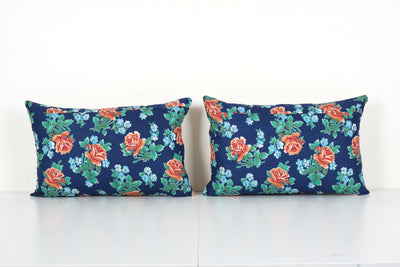 Old Uzbek Trade Cloth Pillow, Set of Two Vintage Floral Roller Print Bedding Cushion Cover On Cotton 14''x 22''