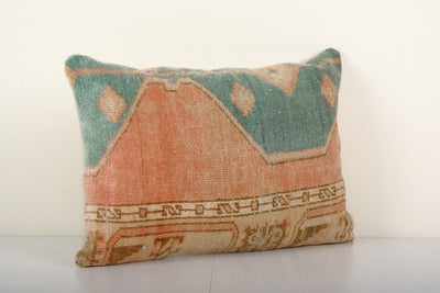 Muted Blue Carpet Rug Pillow, Faded Ethnic Turkish Yastik Pillow, Oushak Throw Pillow Cover 16'' x 24''