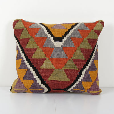 Vintage Diamond Geometric Decor Kilim Pillow Cover, Unique Patterned Throw Pillow, Handmade Turkish Lumbar Pillow 18'' x 20''