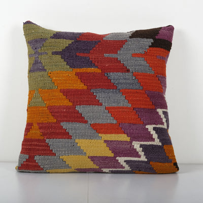 Handmade Diamond Colorful Kilim Cushion Cover, Tribal Handwoven Wool Scatter Square Pillow Case 20'' x 20''