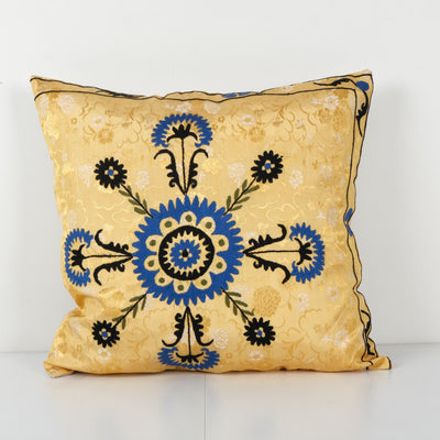 Suzani Ethnic Square Yellow Pillow Case Fashioned from a Mid-20th Century Uzbek Suzani, Samarkand Ethnic Pillow 22'' x 22''