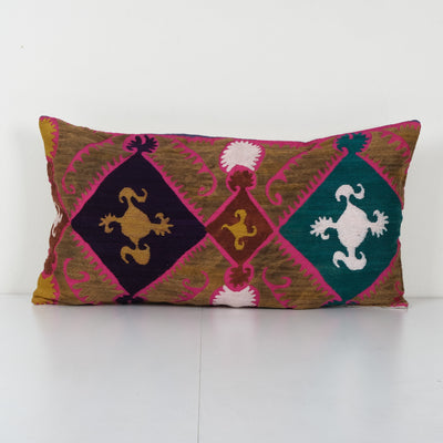 Uzbek Faded Bedding Suzani Cushion Cover, Suzani Pillow Case Made from a 19th Century Suzani, Uzbekistan, Lumbar Cushion Cover 16'' x 28''