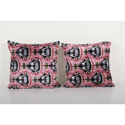 Handmade Pink Silk Ikat Velvet Pillow Cover - Set of Two Luxury Home Decor Cushion - Pair Unique and Soft Pillowcase 20'' x 20''