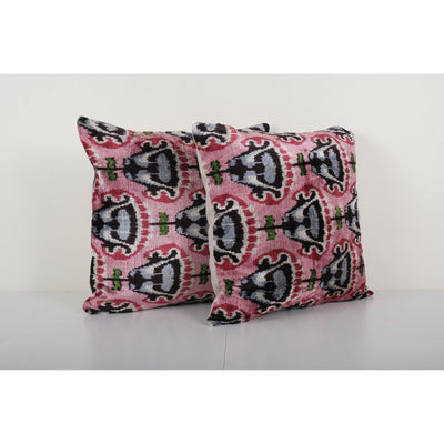Handmade Pink Silk Ikat Velvet Pillow Cover - Set of Two Luxury Home Decor Cushion - Pair Unique and Soft Pillowcase 20'' x 20''