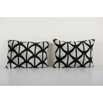 Ikat Velvet Pillow, Silk Lumbar Cushion Cover, Pair Black and Cream Boho Chic Pillow Cover 17'' x 24''